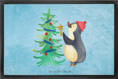 Produktbild von Mr. & Mrs. Panda Schmutzmatte Pinguin Weihnachtsbaum 60 x 90 cm - Eisblau - Geschenk, Schuhabstreifer, Fussmatte, Winter, Schmutzfangmatte, Weihnachten, Gummimatte