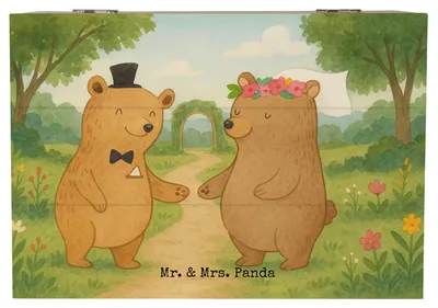 Produktbild von Mr. & Mrs. Panda Geschenkbox Bären Heirat Design 22 x 15 cm - Weiß - Geschenk, Zur Hochzeit, Trauung, Hochzeitstag, kiste holz, Box, fotobox, Hochzeitsgeschenk