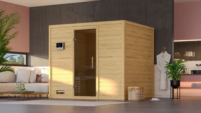 Produktbild von Karibu Sauna Innensauna Sonara Fronteinstieg Ofen 9 KW externe Strg easy 231x195x200 cm ohne Dachkranz mit Graphittür