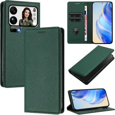 Obrázek produktu pro Kožené pouzdro pro Xiaomi 17 Pro Max, Litschi kůže, peněženkové pouzdro s přihrádkami na karty a stojánkem Zelený