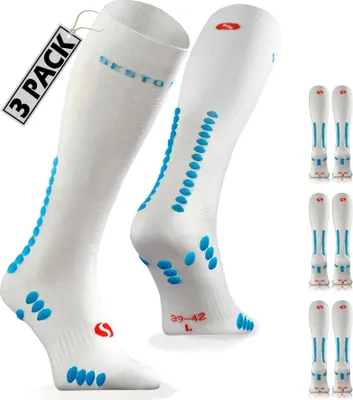 Produktbild von Sesto Senso Kniehohe Sportsocken – elastisch und atmungsaktiv, ideal für Laufen, Radfahren und Wandern, Uni Herren Damen, Weiß, Größe 39-42, 3 Paar