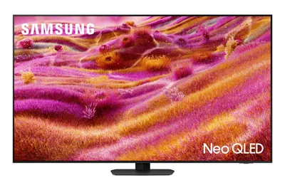 A Samsung Neo QLED television displaying a colorful abstract image, placed on a stand against a white background.