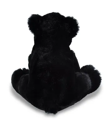 A black teddy bear is shown from the back, sitting on a white background.