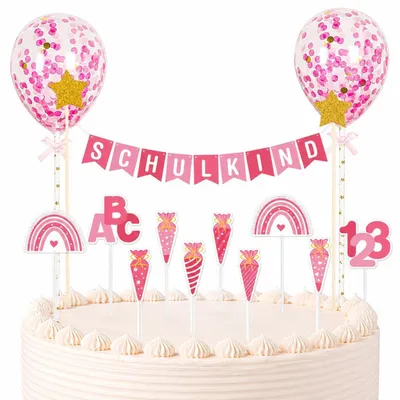 Produktbild von Tortendeko Einschulung 23 Stk. Rosa Girlande Set Papier Schulkind ABC 123