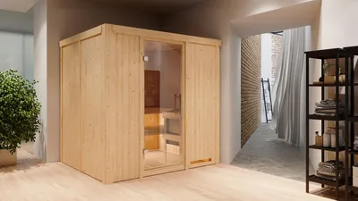 Produktbild von Karibu Sauna Innensauna Sodin Fronteinstieg Ofen 9 kW integr. Strg 210x184x202 cm mit Dachkranz mit Klarglastür