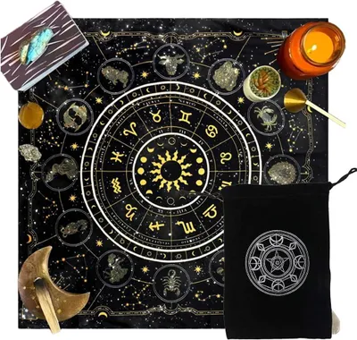 Productafbeelding van Waarzeggermat en tas - Tafelkleed met orakelkaarten en tarotkaarten - (75 x 75 cm)