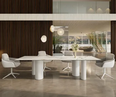 Produktbild von DELIFE Esstisch Edge 300x100 Keramik Calacatta Luxe Weiß-Gold-Grau Pilier Metall Weiß