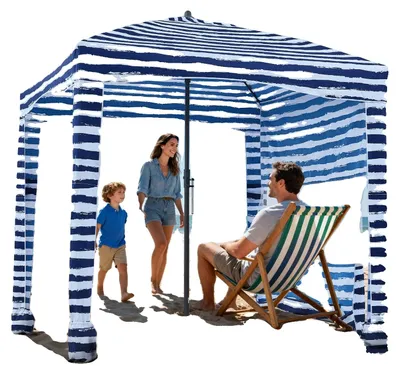 Image de Cabane de plage VEVOR, abri de plage 183 x 183 cm avec paroi latérale, protection solaire UPF 50+, pavillon de plage avec sacs de sable, parasol portable pour la famille et les amis, rayures bleu marine