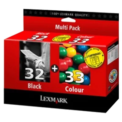Produktbild von Lexmark Combo-Pack No.32/33 Black and Color Print Cartridges, Schwarz, Tintenstrahl, 2 Stück(e), 40 x 90 x 140 mm, 0,106 g, 1152 Stück(e)