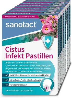 Produktbild von sanotact Cistus Infekt Pastillen (6 x 30 Lutschpastillen) - Cistus-Echinacea-Extrakt + Gummi arabicum - Unterstützung der Abwehr von Viren & Bakterien