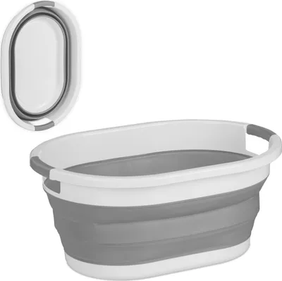 Produktbild von Relaxdays Wäschekorb faltbar, 36 l, Wäschewanne aus Kunststoff, platzsparend zusammenklappbar, mit Griffen, grau/weiß