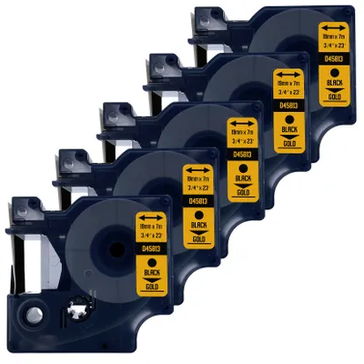 Produktbild von DULA Etikettenband - Kompatibel mit Dymo D1 45813 - 5 Stück - Schwarz auf gold - 19mm x 7m