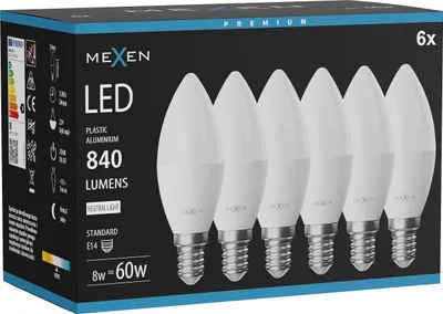 Obrázok produktu pre Mexen Nova 6x LED žiarovka E14, C37, 8 W, neutrálna – 4000 K, 840 lm – L102-E14-0840-01x06