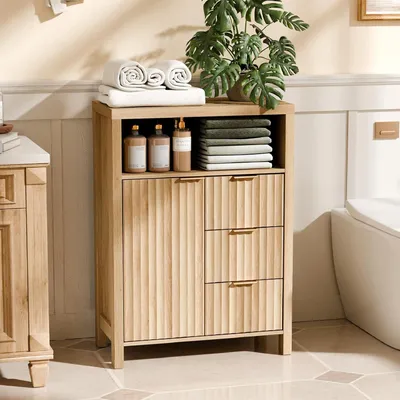 Produktbild von FCH Badezimmerschrank, Badschrank mit geriffelter Tür, 3 Schubladen,59 x 29.5 x 81cm