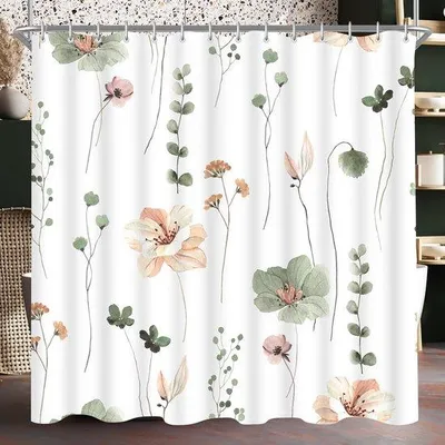 Productafbeelding van Ibenzoa® Waterafstotende douchegordijn, 180 x 180 cm – Polyester, saliegroen met bloemenprint, verzwaarde onderrand en 12 plastic haken
