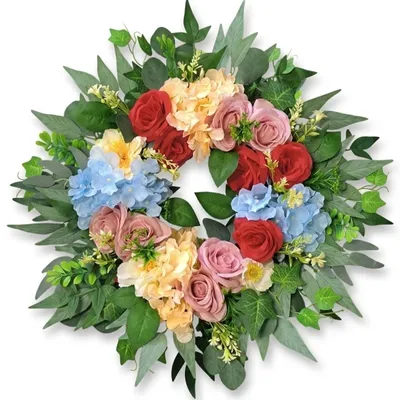 Produktbild von Kunstblumen Türkranz mit Rosen und Hortensien zur Dekoration
