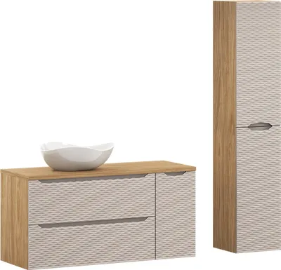 Zdjęcie produktu dla Zestaw Łazienkowy 120 Cm Z Umywalką Nablatową I Słupkiem – Dąb + Beż