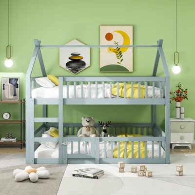 Produktbild von Sweiko Kinder-Etagenbett 140*200, Kinder-Familienbett, Etagenbett mit Treppe, Loft Design, Massivholz-Etagenbett-Rahmen, Grau