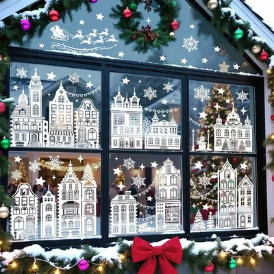 Produktbild von Unyqoos® selbstklebende Weihnachtsfensteraufkleber mit Schneeflocken und Rentiermotiv