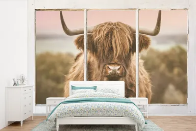 Produktbild von MuchoWow® Fototapete für Wohnzimmer oder Schlafzimmer Wandtapete Vinyl Motivtapete Schottischer Highlander - Blick - Meer - 330x220 cm - Fototapeten