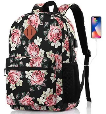 Produktbild von Schulrucksack für Mädchen, Damen, Laptop 15.6 Zoll, Blumenschwarz, USB Ladeanschluss, wasserdicht