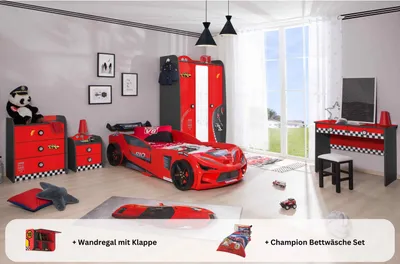 Produktbild von Kinderzimmer komplett Set Autobett Rio 5 teilig Rot , Sportsitze:ohne Sportsitze, Matratze:ohne Matratze, Bettwäsche:mit Bettwäsche, Wandregal:Wandregal mit Klappe