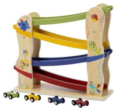 Imagen del producto de Tiny Love: Coche de carreras de madera con rampa, circuito de carreras de madera con 4 coches de madera de fácil deslizamiento, para desarrollar habilidades motoras finas, a partir de 18 meses, Born To Party
