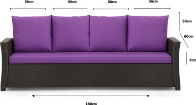 A front view of a three-seater outdoor sofa with purple cushions, showing dimensions.