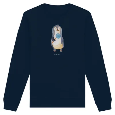 Produktbild von Mr. & Mrs. Panda Nachhaltiger Pullover Pinguin Lolli Größe M - French Navy - Geschenk, Sweater, Baumwoll, Pinguine, Heißhunger, Süßigkeiten, Spruch, Pulli, Sweatshirt