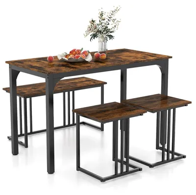 Produktbild von Esstisch Set 4-teilig mit 2 Hockern & 1 Bank, Bartisch Metallgestell, 120x60x76 cm, Rustikales Braun
