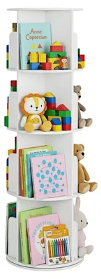 Immagine prodotto di Libreria girevole per bambini, 4 ripiani, forma rotonda, colore bianco, scaffale per giocattoli, ideale per la cameretta dei bambini