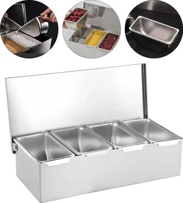 Produktbild von Zutatenbehälter/Gewürzbox - Pizzastation/Fruchtbox - 4 Fächer - Edelstahl - Deckel - Herausnehmbare Einsätze - 31×15×8,8 cm - Silber