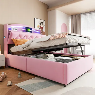 Immagine prodotto di Letto per bambini Abrihome letto imbottito 90x200cm con contenitore, letto singolo in velluto con LED e USB, rosa