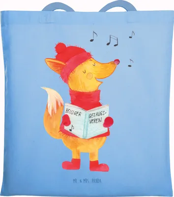 Produktbild von Mr. & Mrs. Panda Jutebeutel Fuchs Sänger - Sky Blue - Geschenk, Singen, Heiligabend, Weihnachtslieder, Laptoptasche, Winter, Weihnachten, Stoffbeutel, Tote Bag, Beutel