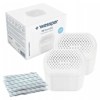 A product shot of a Wessper Humifill dehumidifier refill system, including the packaging and two refill units, along with two smaller refill packets.