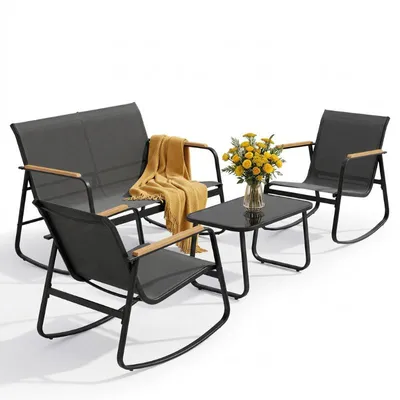Immagine prodotto di Set di mobili da giardino BEALIFE da 4 pezzi con tavolo da giardino | 4 sedie a dondolo in rete e tavolo in vetro | Per terrazze e balconi | Nero/grigio chiaro | WR314