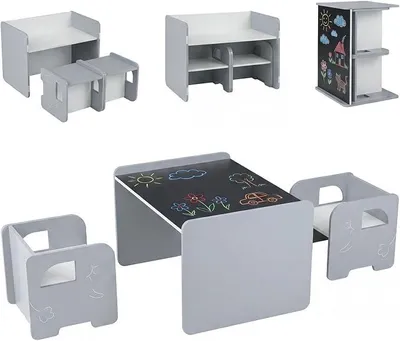 Produktbild von 6 in 1 Kindertisch mit 2 Stühlen, Kinder Tisch und Stuhl Set mit Tafel & Bücherregal, Maltisch mit Stauraum, Spieltisch für Kinderzimmer, Kindersitzgruppe für Kinder ab 3 Jahren (Grau)