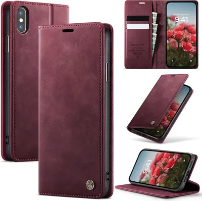Obrázek produktu pro Kožené pouzdro pro iPhone X /iPhone XS, RFID ochranou, magnetickým zavíráním, přihrádkami na karty a funkcí stojánku Červený