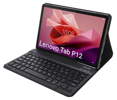 A black tablet with a keyboard case attached, shown at an angle.