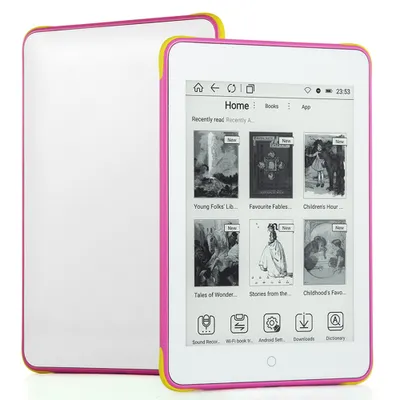 A white e-reader with a pink and yellow border is shown, with another e-reader in the background. The screen displays a home page with book covers and app icons.