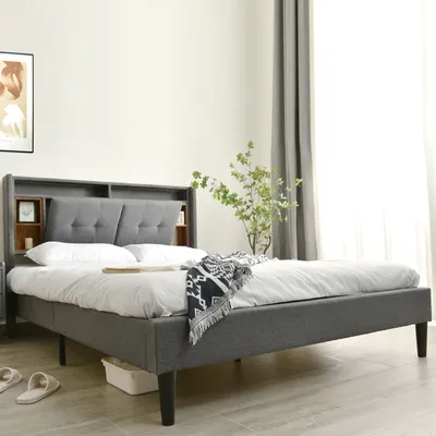 Produktbild von okwish Bett 160x200 cm – Bett mit Stauraum – Polsterbett, Doppelbett – mit Lattenrost, Bettkasten, USB-Aufladung und LED-Beleuchtung Grau (Matratze nicht im Lieferumfang enthalten)
