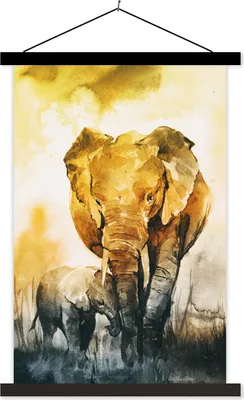 Produktbild von MuchoWow® Textilposter Elefant - Kind - Aquarell 40x60 cm mit schwarzem Rahmen - Wanddekorationen