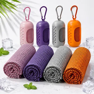 Produktbild von 4 Stück Sporthandtuch Cooling Towel,100 x 30 cm, schnelltrocknend,sofort kühlend Kühlhandtuch für Fitness, Sport, Outdoor ( Lila, Rosa, Grau, Orange)