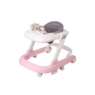 Image de 2 en 1 Trotteur pliable Babywalker, Chariot d'éveil réglable en hauteur avec lumière, musique & vitesse réglable Rose
