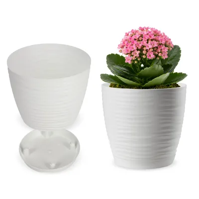 Produktbild von KADAX Blumentopf mit Untersetzer "Temara", Blumenkübel, Pflanztopf aus Kunststoff, Übertopf, rund, 13 cm, Weiß