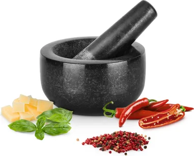 Produktbild von Gourmeo Mörser mit Stößel Set aus Granit - 12x12xH7cm - 300ml Mörser mit Stößel klein - Mortar and Pestle für Gewürze Salsa Pesto- Schwarz