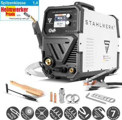 Produktbild von STAHLWERK Schweißgerät MIG/MAG 200 Doppelpuls Pro - mit 200 A, Puls- & Doppelpuls-Funktion, MMA-fähig (E-Hand), inkl. MIG/MAG-Schweißbrenner AK25/MB25