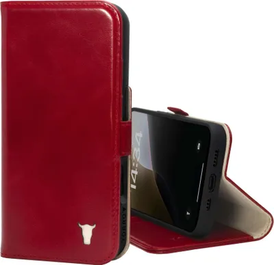 A red leather wallet case for an iPhone, shown open with the phone inside and propped up.
