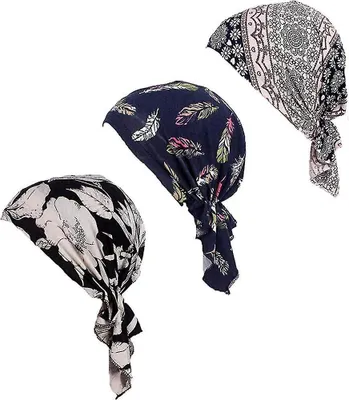 Produktbild von Vorgebundener Chemo-Kopftuch, 3er-Pack Mütze, Totenkopf-Schutzmütze für Damen (Set 6 - langer Stil)