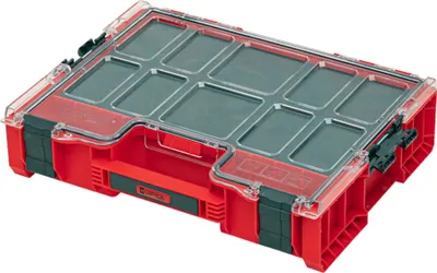 A red and black organizer box with a clear lid, shown from a diagonal angle.